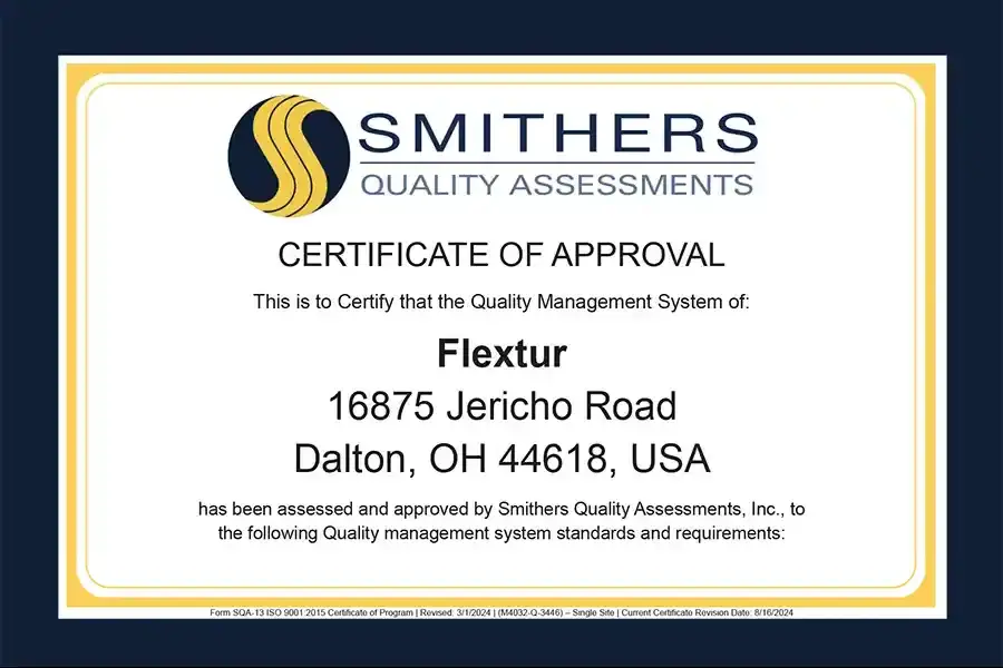 Flextur Achieves ISO Certification - ISO 9001:2015 badge showcasing commitment to quality management and excellence in manufacturing.